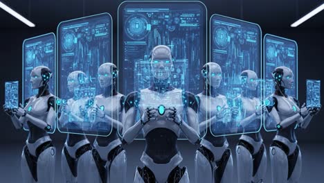 futuristic robots analyzing complex data through holographic interfaces in a high-tech environment highlighting advanced technology and artificial intelligence