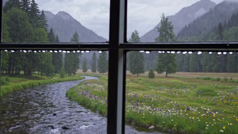 a serene landscape video shot from a window view, capturing a rainy day with a winding stream