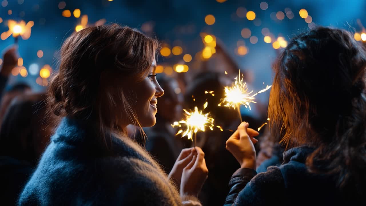 Et magisk festøjeblik: To venner holder glædeligt stjernekastere ved en festlig sammenkomst, omgivet af funklende lys og en festlig atmosfære.