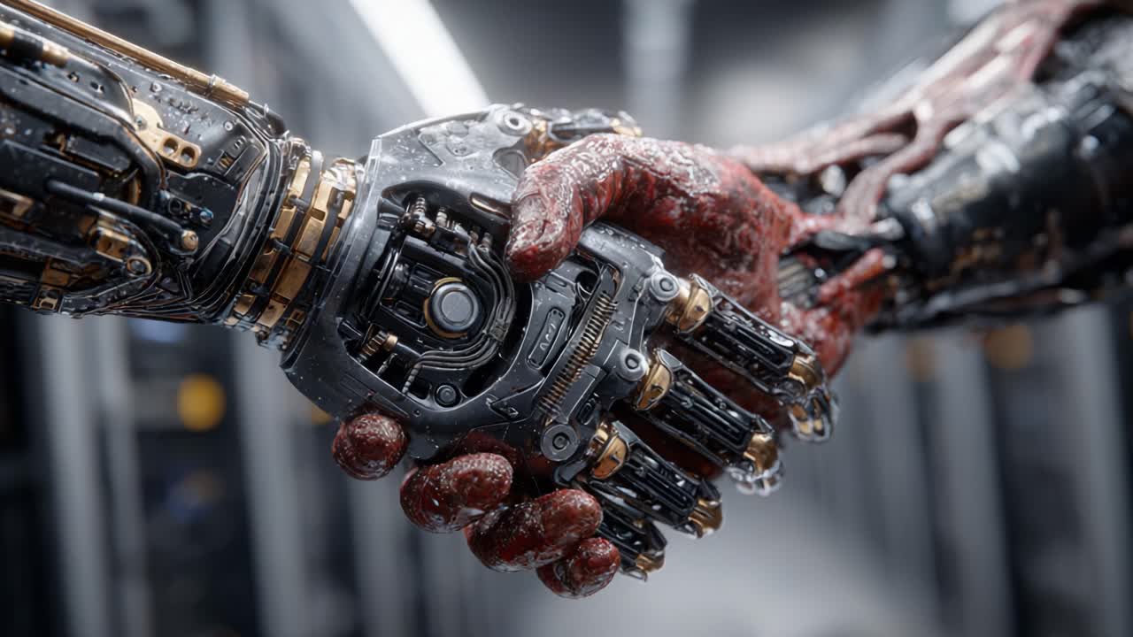 A Striking Encounter Between Organic and Mechanical: The Exchange of a Handshake Symbolizing Unity Between Humanity and Technology in a Futuristic Setting