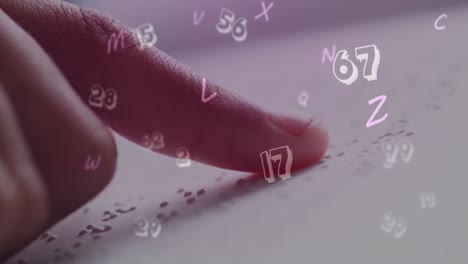 animation of looping numbers and letters over finger of blind student reading book in classroom