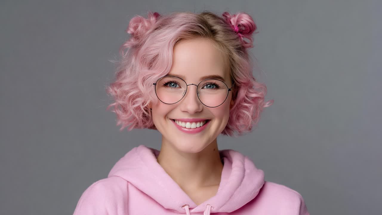 Cheerful Young Woman with Curly Pink Hair and Glasses Smiling in a Light Pink Hoodie Against a Neutral Background