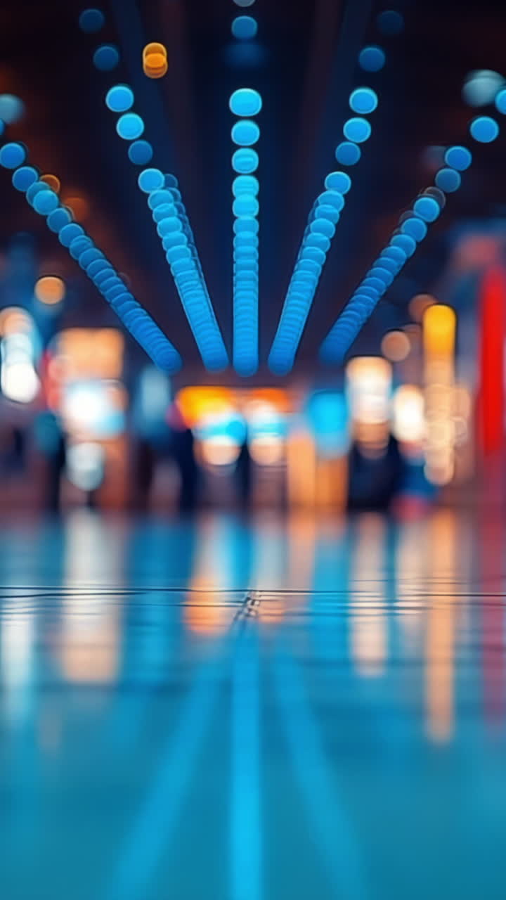 Bright lights fill the airport. Travelers navigate a vibrant airport terminal filled with colorful lights and reflections on a polished floor.