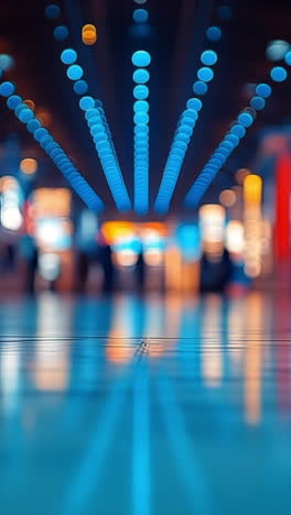 bright lights fill the airport. travelers navigate a vibrant airport terminal filled with colorful lights and reflections on a polished floor.