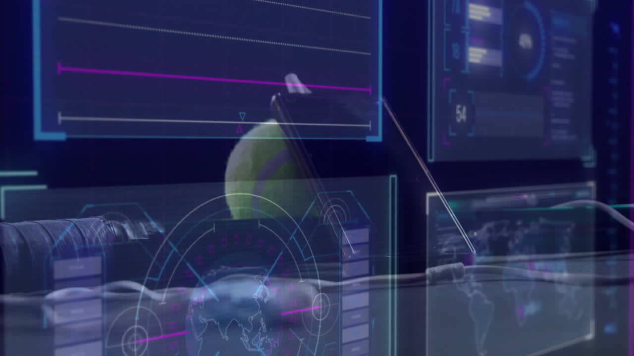 Tennis ball floating with smartphone displaying holographic interface overlays on dark UI in 3D