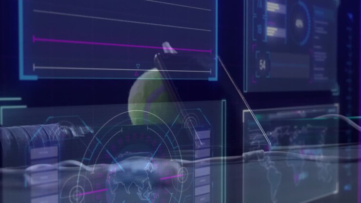 Tennis ball floating with smartphone displaying holographic interface overlays on dark UI in 3D