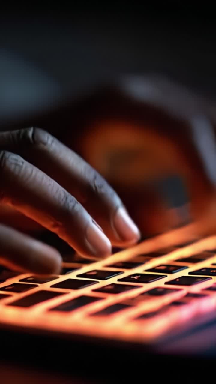 An Intimate Glimpse of Skillful Hands at Work: Exploring the Art of Typing on a Vibrantly Lit Keyboard in Low Light Conditions