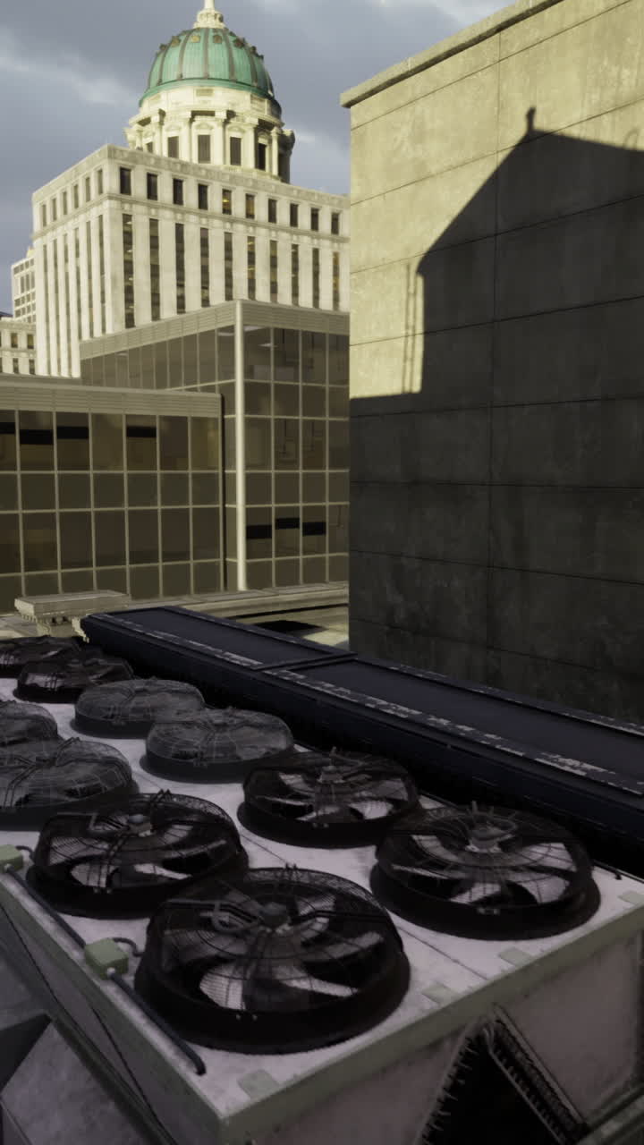 Urban rooftop setting with air conditioning units and cityscape in background