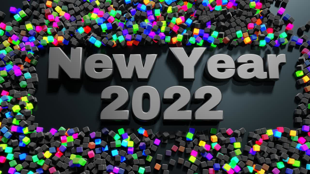 3d nuevo año de fondo en bucle con inscripción nuevo año y guirnalda, cubos esparcidos en el plano se iluminan, forman un hermoso patrón. ondas de brillo de color y luz. luz de neón para tarjeta de navidad.