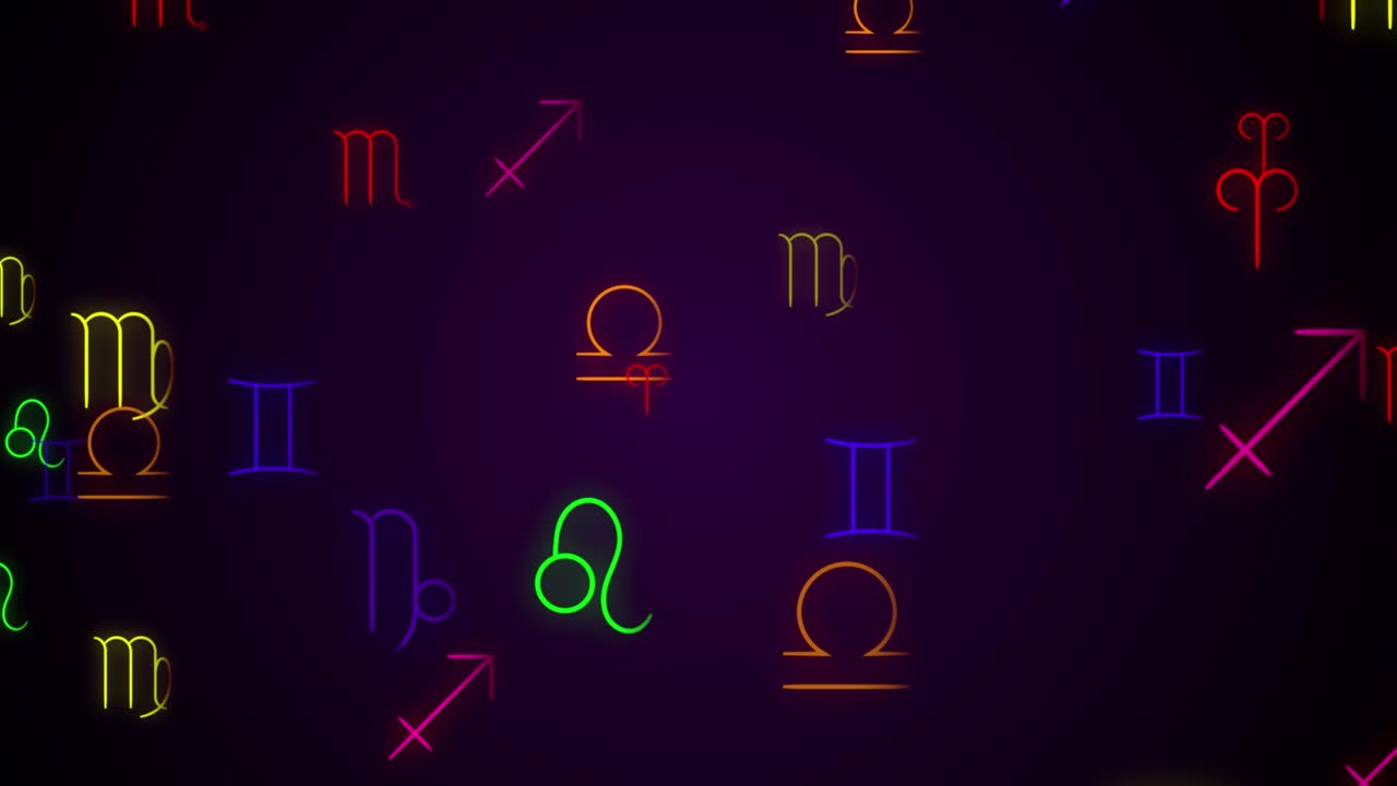 los símbolos de los signos del zodiaco en estilo neón se mezclan con el bucle de fondo para la astrología, el horóscopo, las presentaciones científicas, las webs, etc. también se puede usar en bucles de vj y salvapantallas.