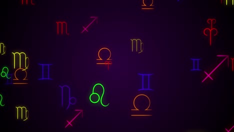 los símbolos de los signos del zodiaco en estilo neón se mezclan con el bucle de fondo para la astrología, el horóscopo, las presentaciones científicas, las webs, etc. también se puede usar en bucles de vj y salvapantallas.