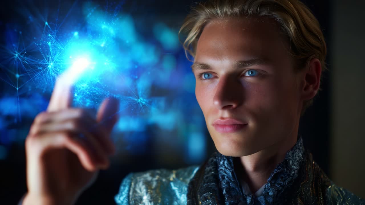 Elegancia futurista: retrato de un joven con tecnología holográfica en un impresionante entorno digital con temática azul que cautiva al espectador