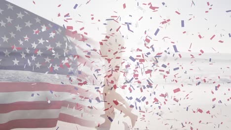 Animation-of-confetti-falling-and-american-flag-waving-over-couple-walking-on-beach