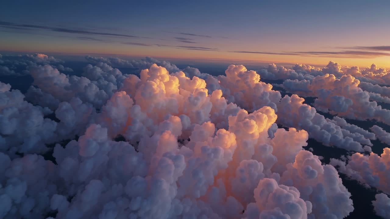 Aerial video captures a breathtaking sunset over fluffy clouds, with warm hues and a wide-angle