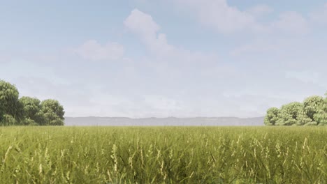 Eine-Wiese,-Grasland,-Mit-Bergen-Im-Hintergrund-Und-Klarem-Himmel,-3D-Animation,-Naturlandschaft,-Kamerawagen-Von-Links-Nach-Rechts