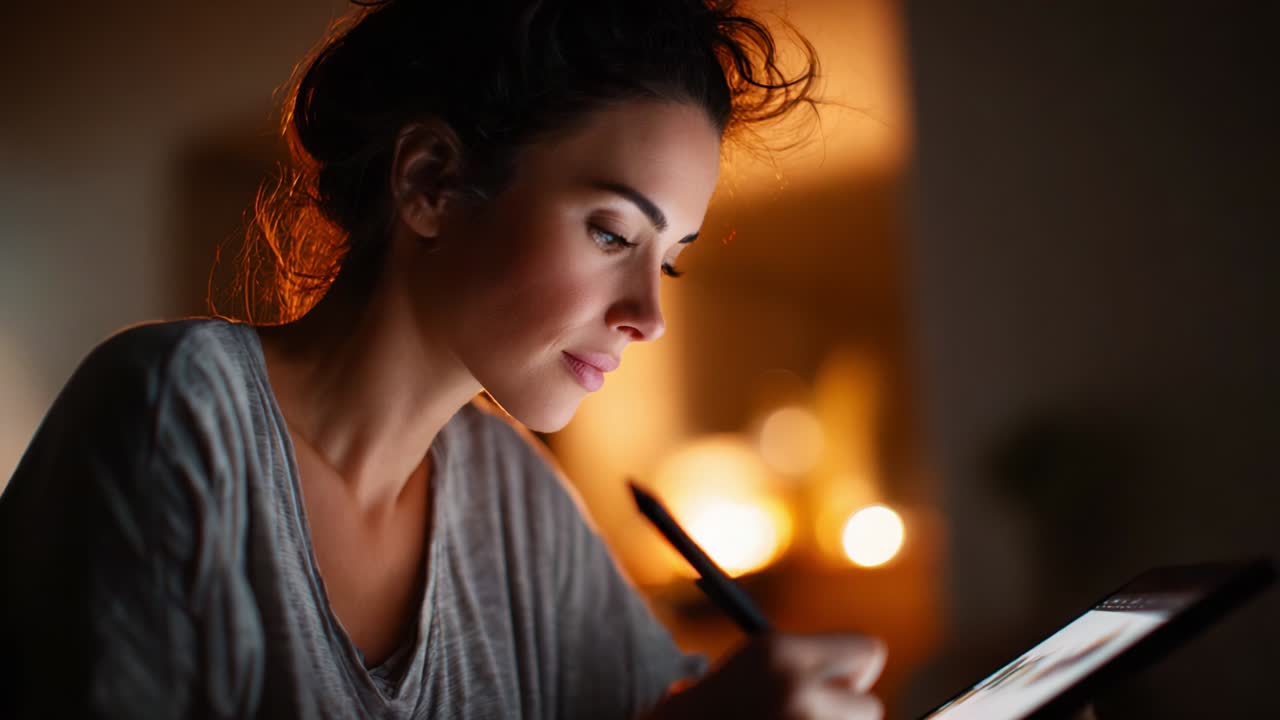 A focused woman engaging in creative work, illuminated softly by warm lighting, as she sketches on a tablet, showcasing concentration and artistry in a cozy indoor setting at night