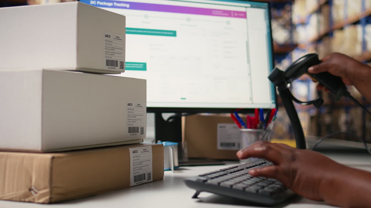 Vertical Video Close up of black employee scanning airway bill tags barcodes