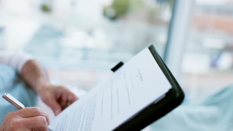 hands, contract and patient signature in hospital