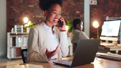 night, laptop and phone call with black woman