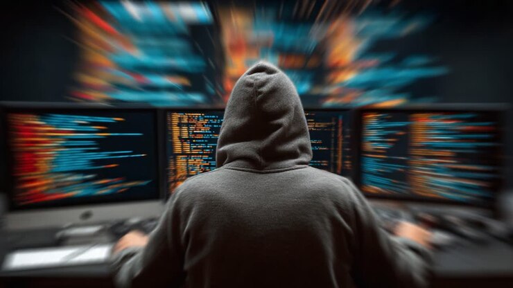 Una figura misteriosa con una felpa con cappuccio, intensamente concentrata su diversi schermi che mostrano righe di codice, a dimostrazione della complessità e delle sfide della programmazione e della codifica