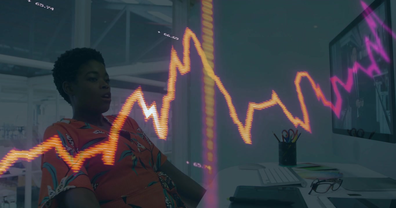 Business analyst reacting to pulsing line graph dip by pressing temples and slumping in frustration