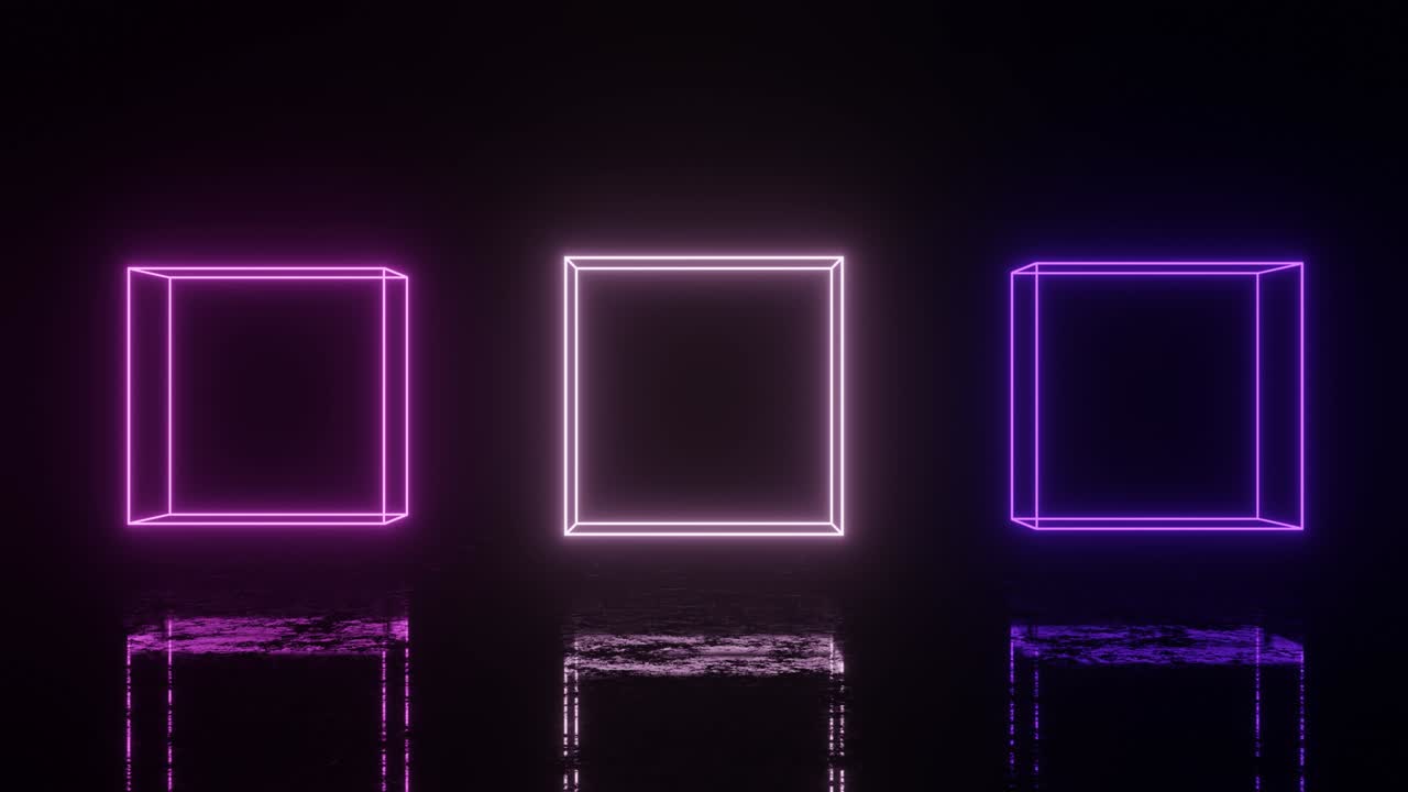 Neon glowing boxes in dark space with reflections on the floor ...