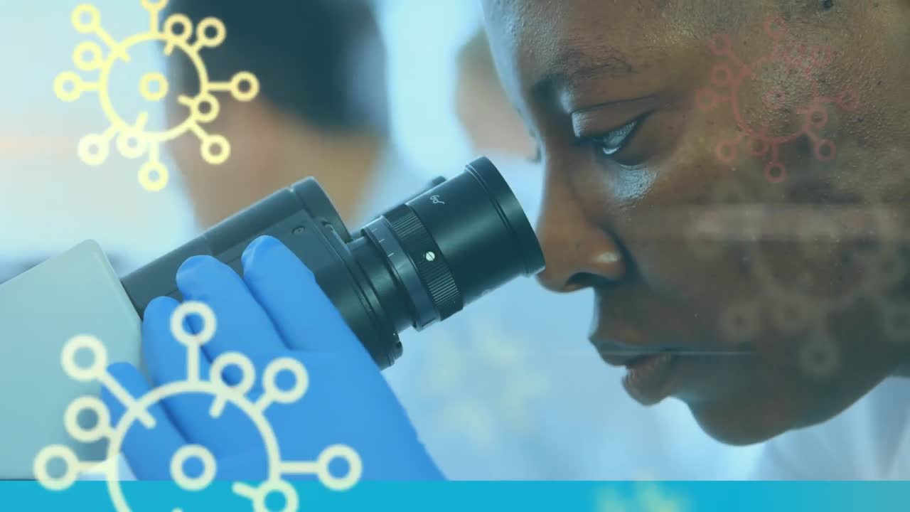 Covid-19 cells against female scientist using a microscope