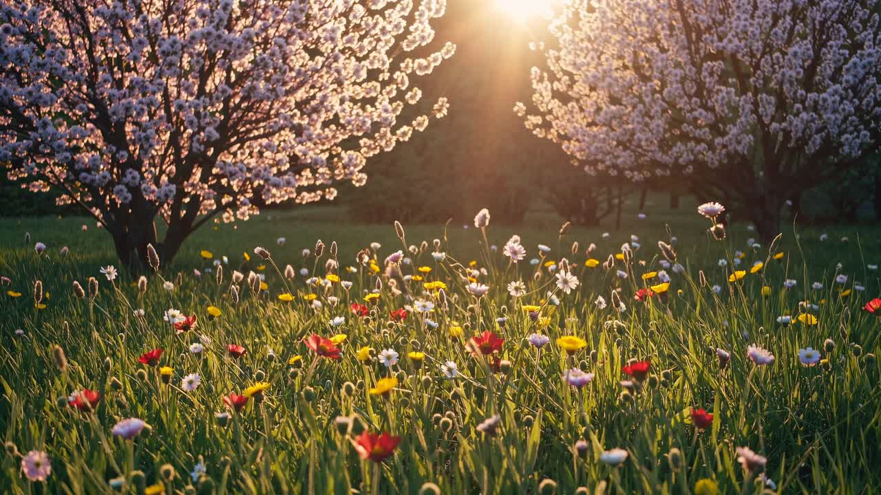Une vidéo de paysage serein capture une vue en contre-plongée d’une prairie ensoleillée avec des fleurs sauvages colorées