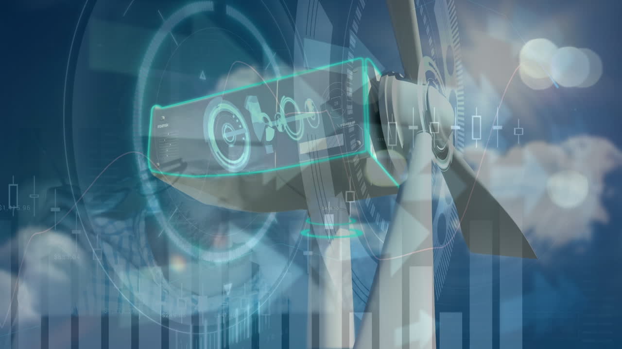 그래프의 애니메이션, 다양한 데이터와 풍력 터빈이 오피스에서 일하는 백인 남성 위로 움직입니다.