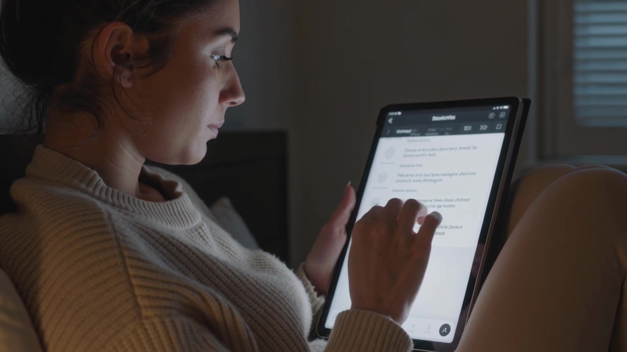 Scrolling woman in knit sweater tapping tablet on bed in bedroom at night, tablet lighting face