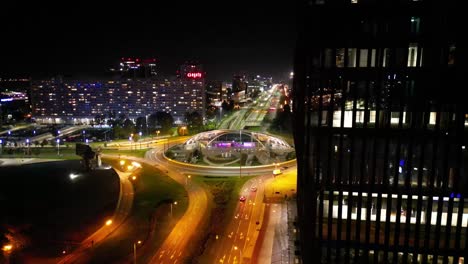 aerial viev of night cityscape with illuminated streets of katowice city