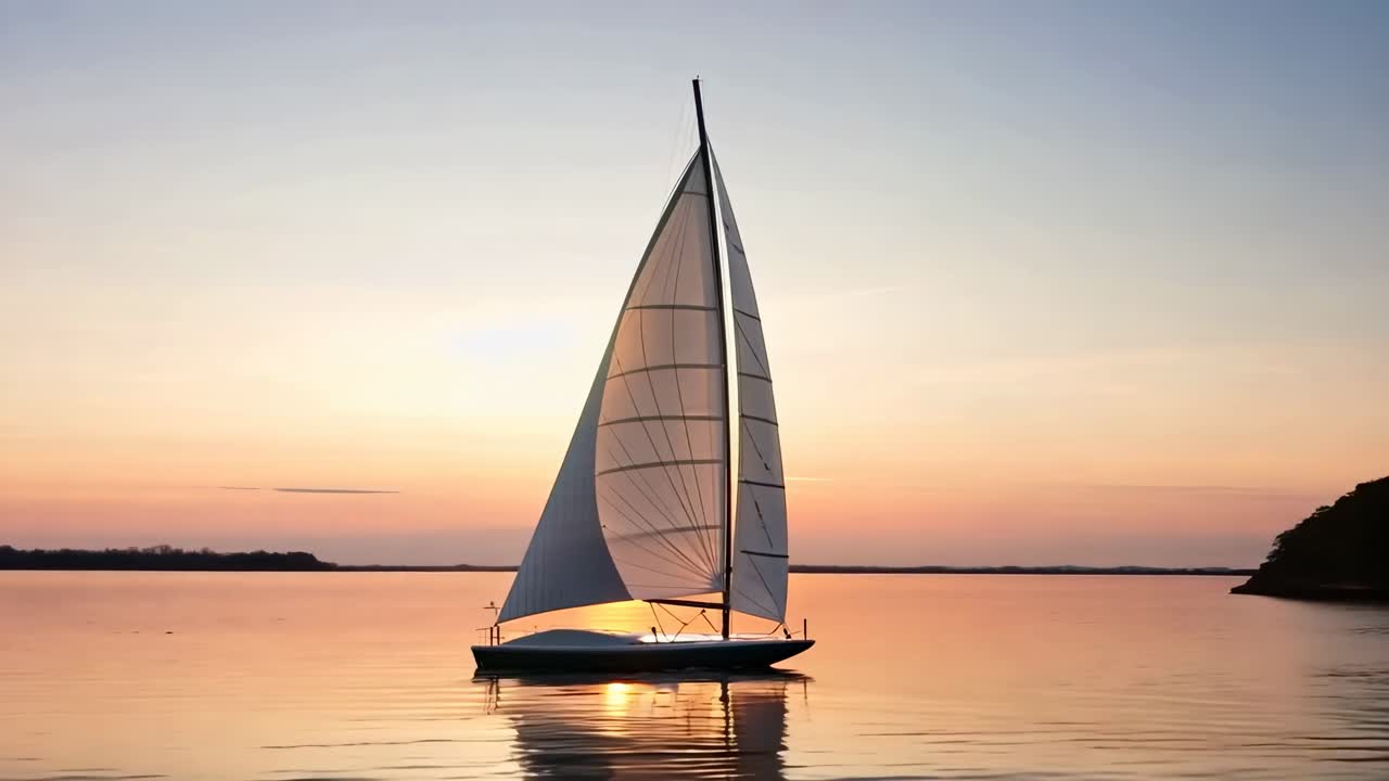 A serene video captures a sailboat at sunset, viewed from a low angle