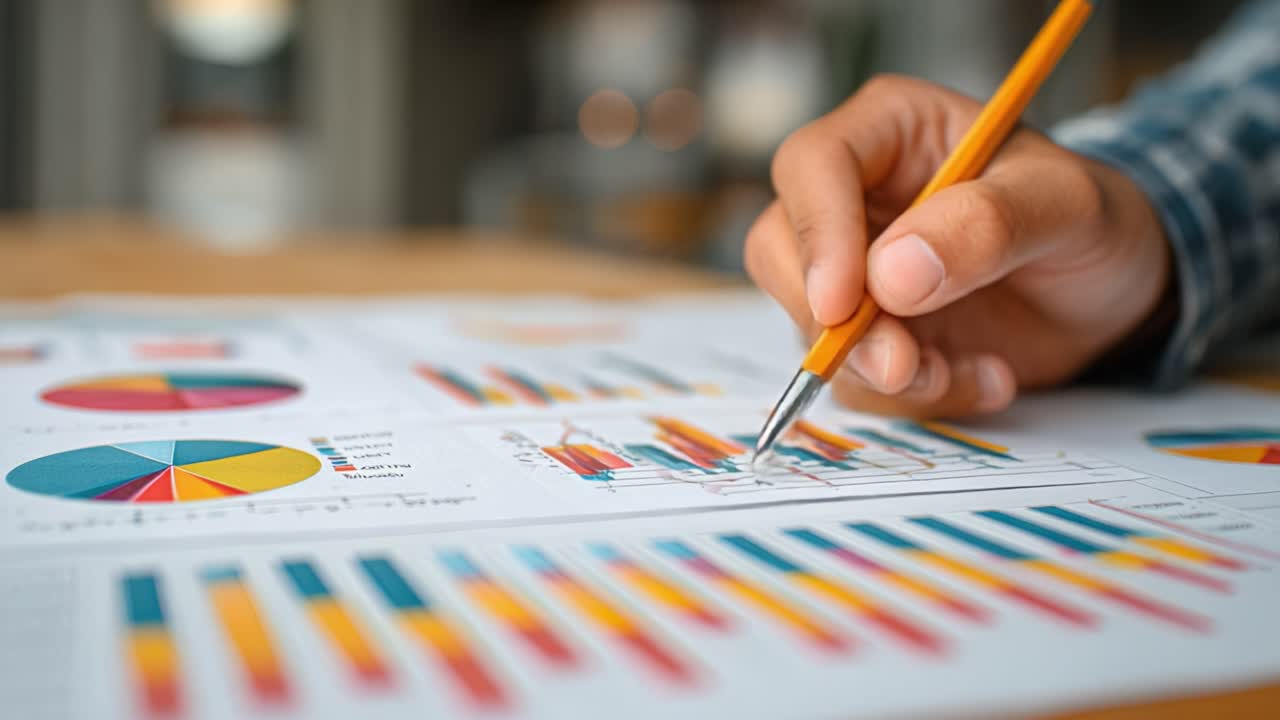 A Focused Analysis on Data Trends: An Individual Utilizing a Pen to Annotate Graphs and Charts in a Professional Workspace, Capturing Key Insights from Reports