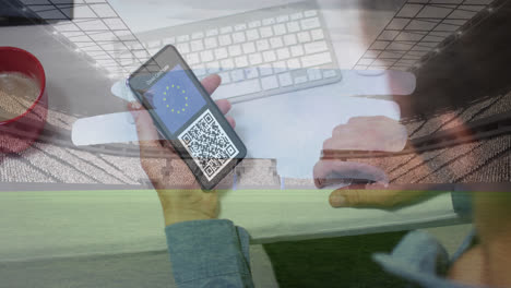 Animation-of-man-holding-smartphone-with-covid-19-vaccination-passport-over-stadium