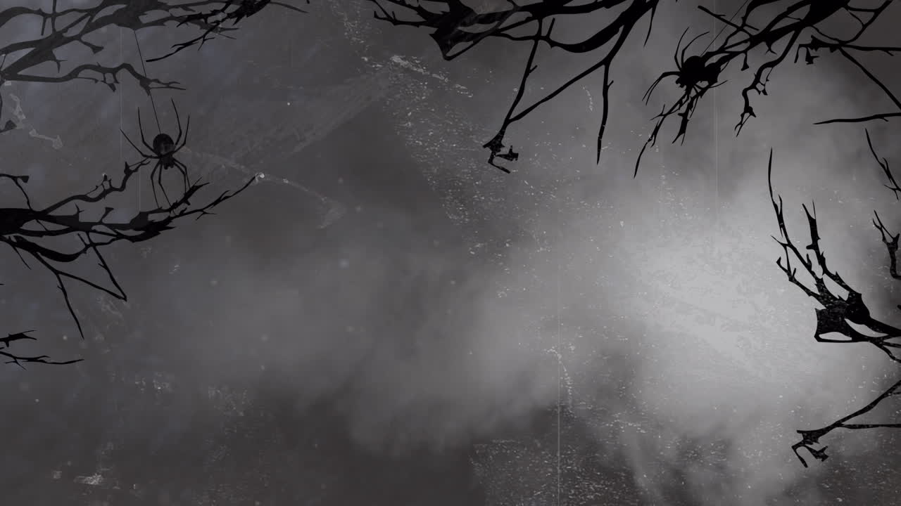 animación de ramas y araña sobre humo y fondo rojo