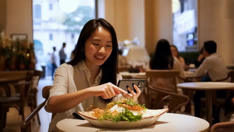 young woman taking pictures of her meal with a smartphone in a restaurant