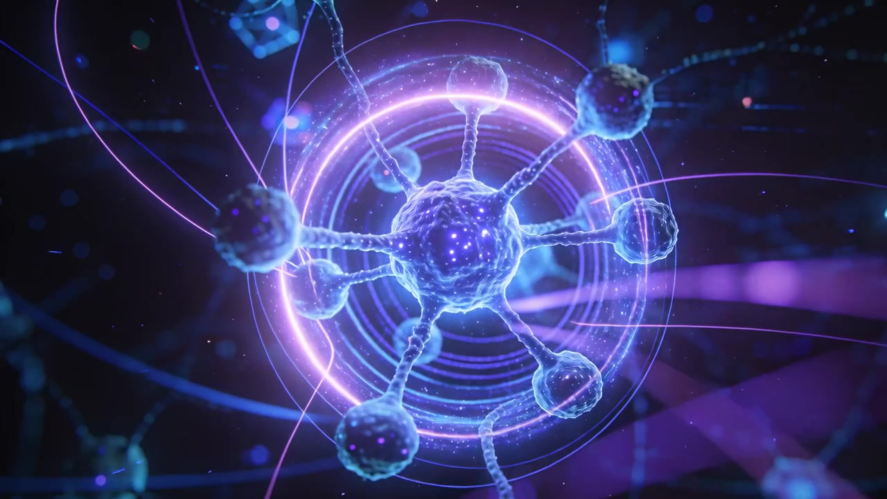 Nucleo centrale pulsante che illumina anelli ed emette particelle mentre la telecamera si avvicina in uno spazio fantascientifico.