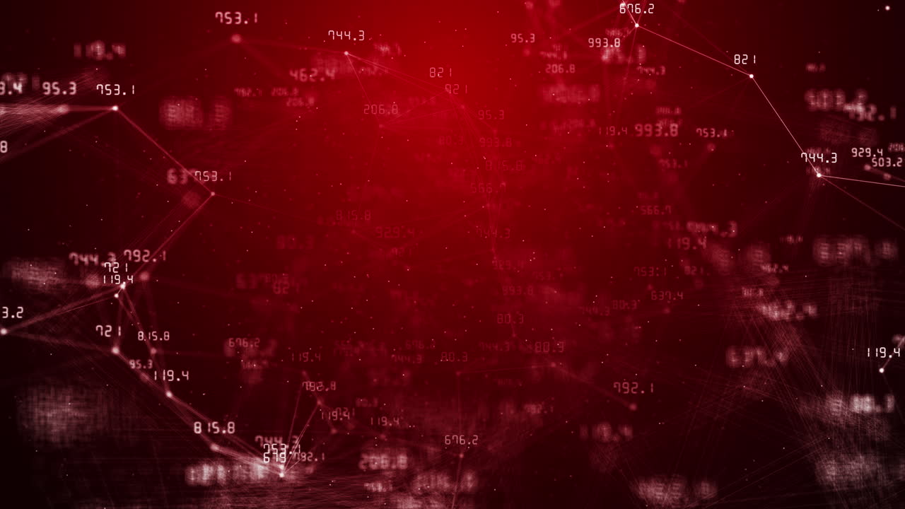 Numbers and plexus lines on red abstract background. Financial indicators that change chaotically. Connected dots and small particles. Looped business animation.