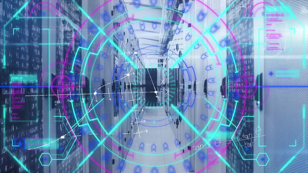 Animation of neon processing circle and math formulas over servers