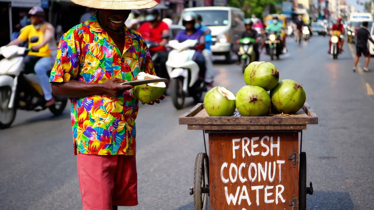 Street Vendor Selling Fresh Coconut Water