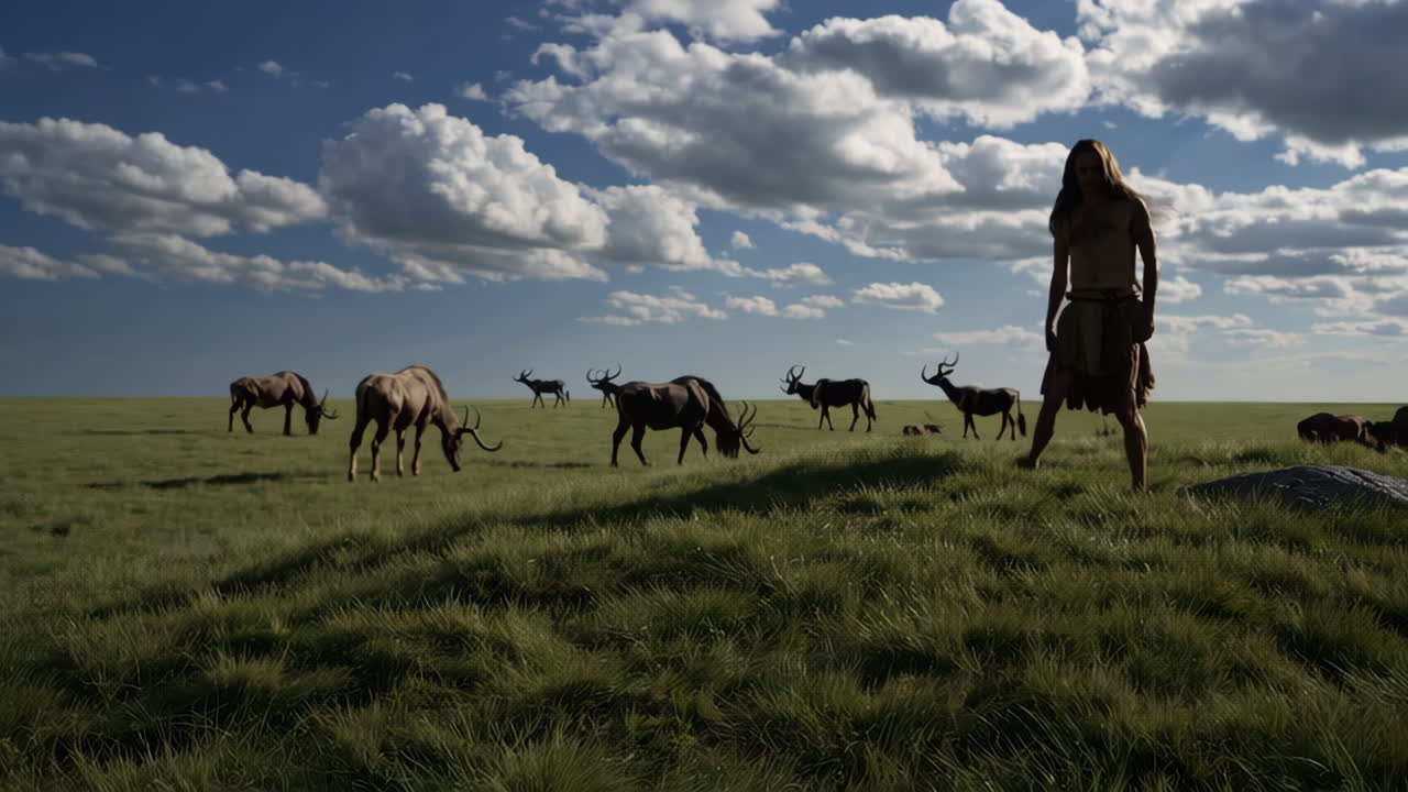 Prehistoric Hunter and Wildebeest