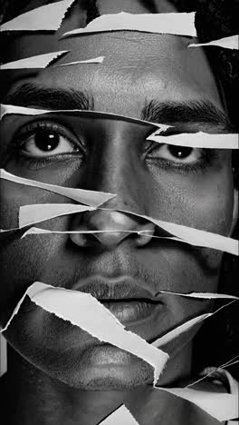 black and white portrait of a young person with curly hair and a white t shirt, partially obscured by torn paper strips, symbolizing fragmented identity and self discovery