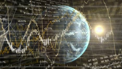 Animation-of-stock-market-display-with-numbers-and-graphs-with-globe-spinning-on-background-