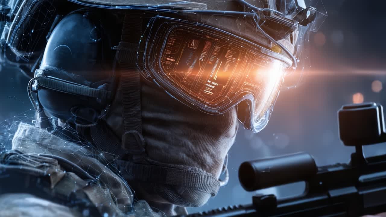 Un guerriero ombroso si prepara alla battaglia, adornato con equipaggiamento tattico e occhiali futuristici che si illuminano con display high-tech, preparandosi per la prossima missione in un conflitto ad alto rischio