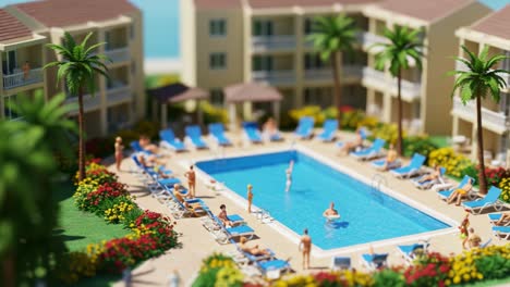 a lively poolside scene in a tropical resort: guests enjoy leisure activities and sunbathing amidst lush surroundings and colorful blooms