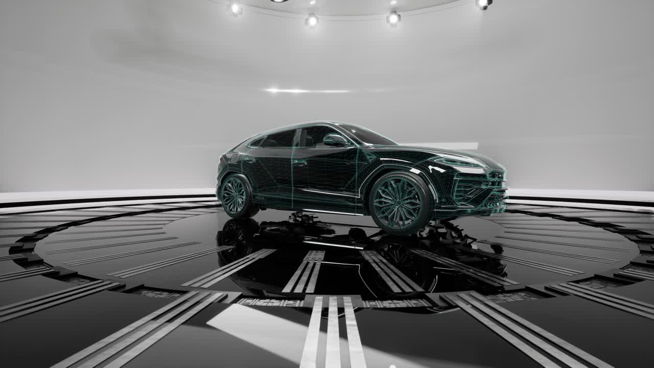 Modello digitale di auto wireframe in uno studio ad alta tecnologia