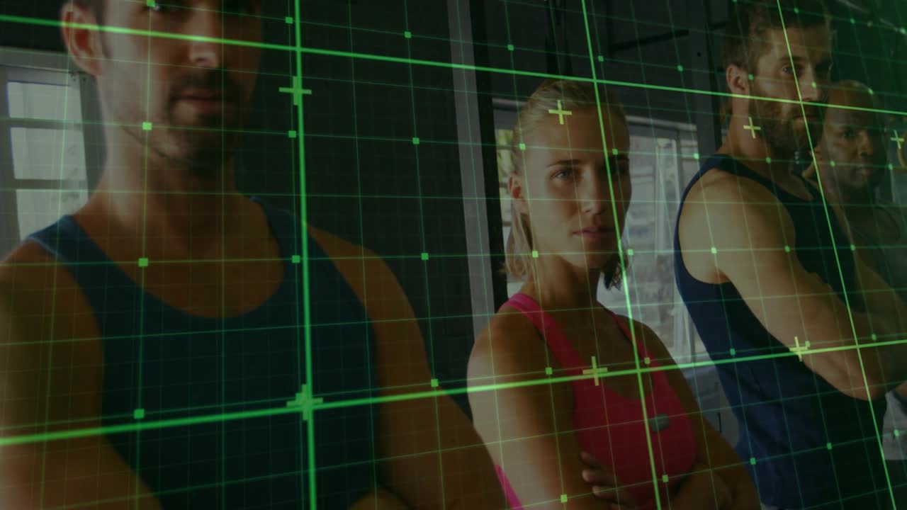 Fitness team standing in gym, camera pulling back while green HUD grid scanning torsos for analysis