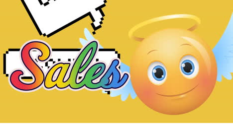 animación de texto de ventas de arco iris sobre burbuja de habla y emoji con alas sobre fondo amarillo