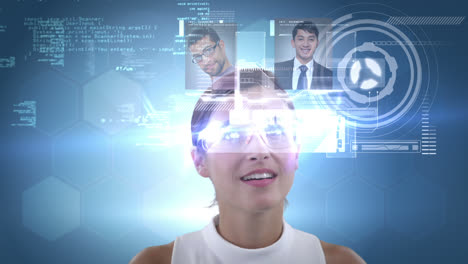 smiling woman is using futuristic glasses