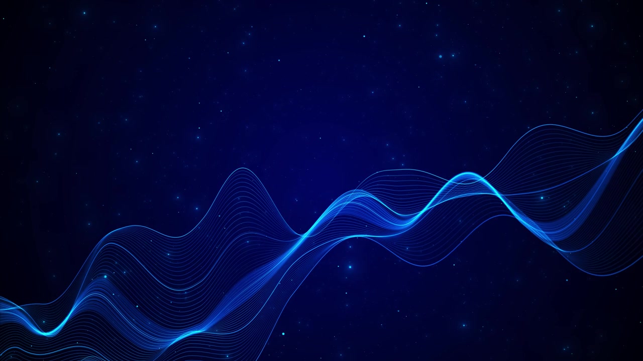 Blue digital wave lines background with glowing curved ribbons star particles smooth motion depth